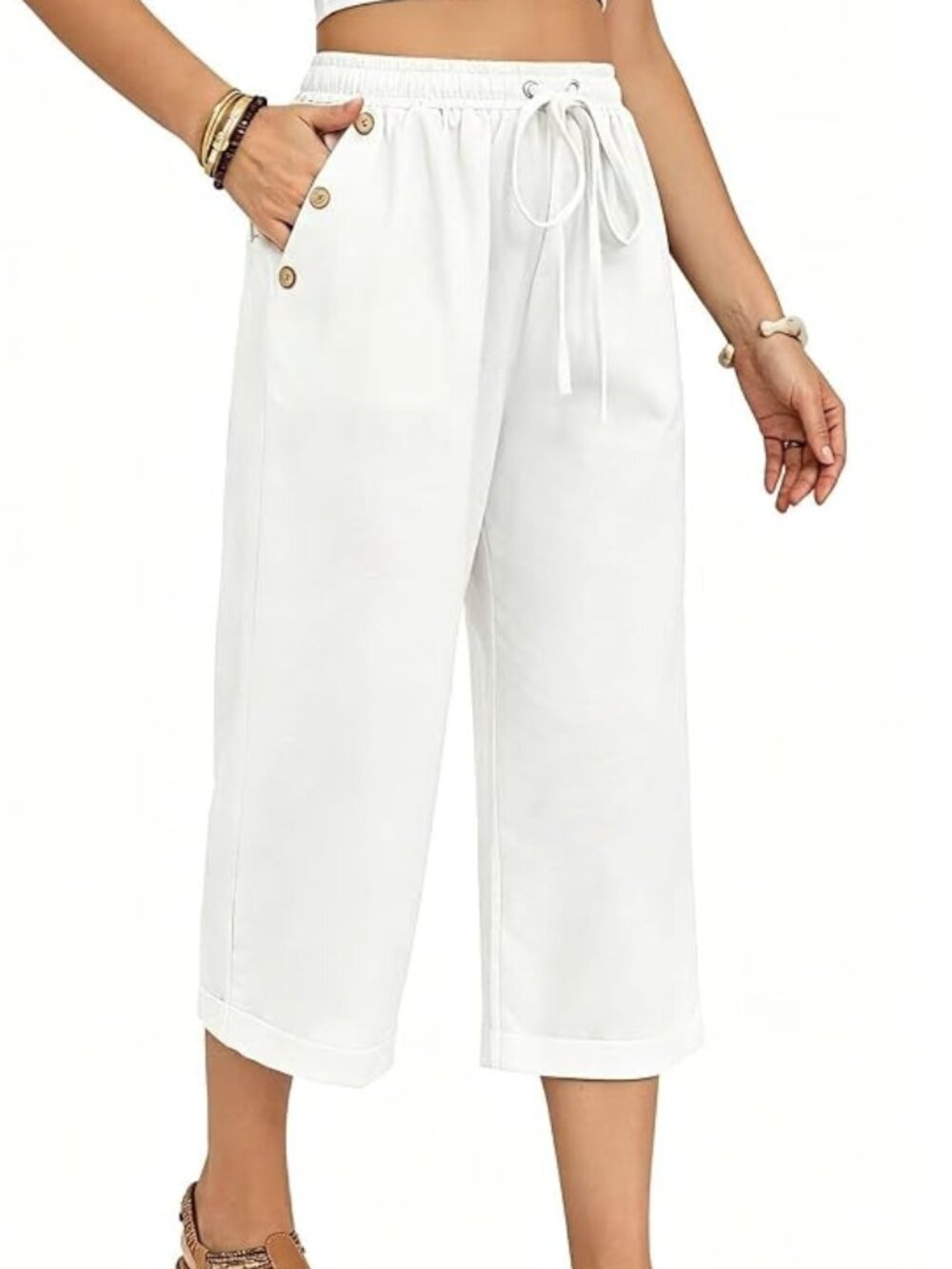 Cropped Linen Blend Relaxed Fit Summer Pants with Drawstring and Pockets